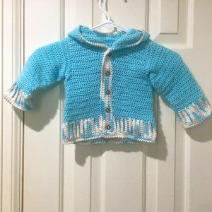 Handmade crocheted blue & white button up hoodie jacket